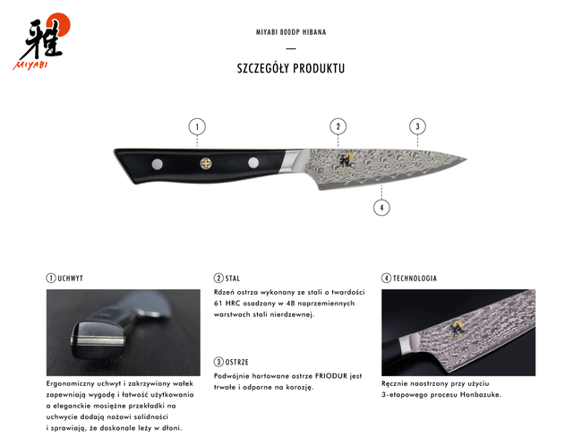 Nóż Shotoh Miyabi 800DP Hibana 9 cm, rdzeń 61 HRC w 48 warstwach stali