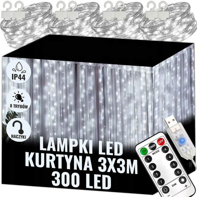 Extralink Kurtyna świetlna LED 3x3m 300x zimne światło USB 5V lampki choinkowe świąteczne girlanda