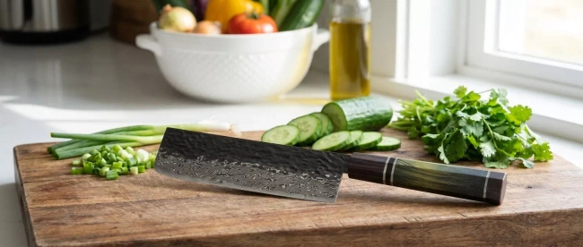 Nóż nakiri Dan Woo Custom 18 cm, stal damasceńska z rdzeniem T10, 61 HRC