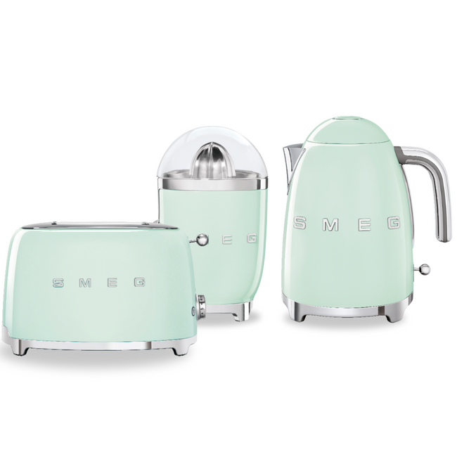Zestaw Smeg Czajnik + Toster na 2 kromki + Wyciskarka do cytrusów pastelowa zieleń