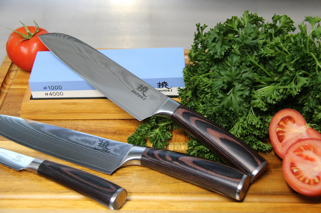 Shiori - 3-Set Chairo Shōto + Santoku + Sifu - zestaw trzech noży ze stali Damasceńskiej