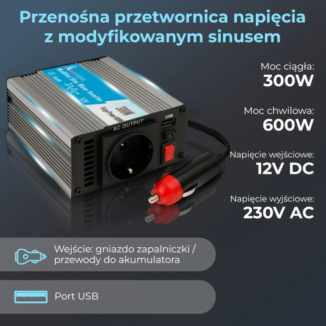 Przetwornica napięcia Extralink OPIM-300W, 12 V na 230 V, modyfikowany sinus