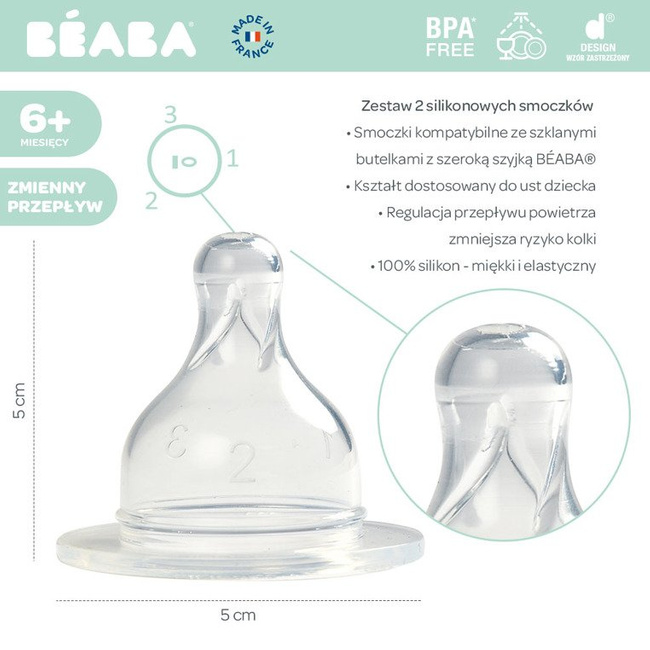 Beaba Zestaw 2 smoczków do butelek szerokootworowych, zmienny przepływ 6m+