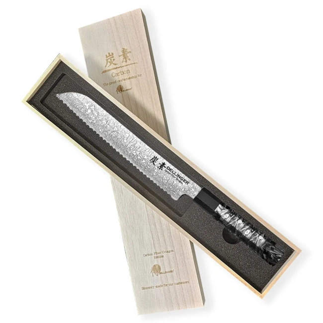 Nóż do pieczywa Dellinger Carbon Fiber Octagon 21,5 cm, stal damasceńska VG-10