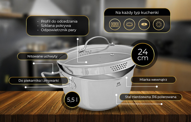 Shiori - Steel Series Pro 316 Garnek Indukcja 24 Cm (5,5 L)