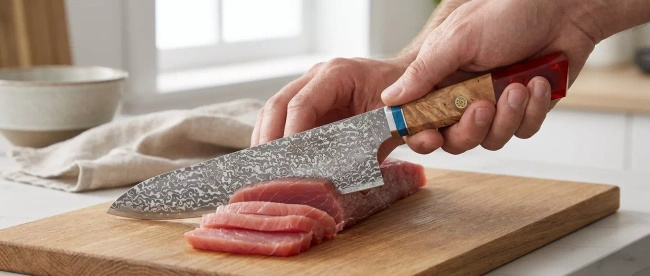 Dan Woo Nóż Kuchenny Santoku ze Stali Damasceńskiej, Ostrze 15.5 cm