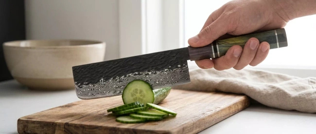 Nóż nakiri Dan Woo Custom 18 cm, stal damasceńska z rdzeniem T10, 61 HRC