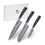 Shiori - 3-Set Chairo Shōto + Santoku + Sifu - zestaw trzech noży ze stali Damasceńskiej