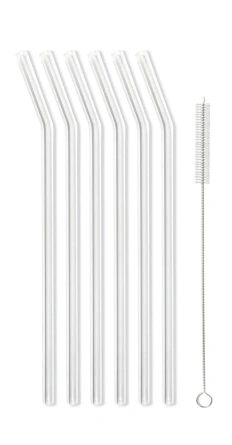 Słomki szklane transparent zakrzywione 23cm zestaw 6 sztuk ze szczoteczką - Vialli design